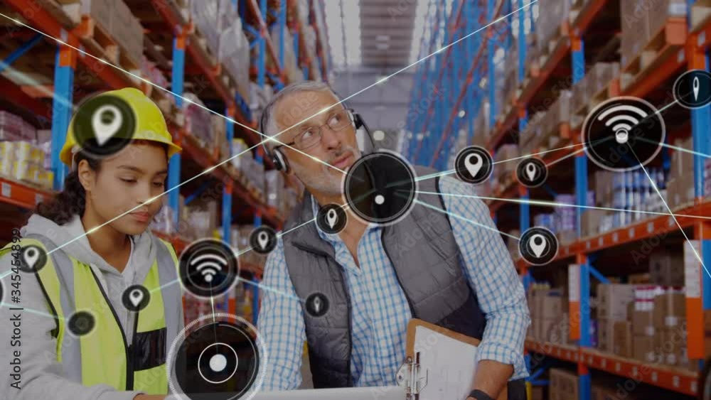 Poster animation of network connections with wifi and location icons with workers