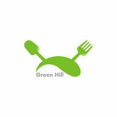 spoon fork green hill natural restaurant simple geometric symbol logo vector