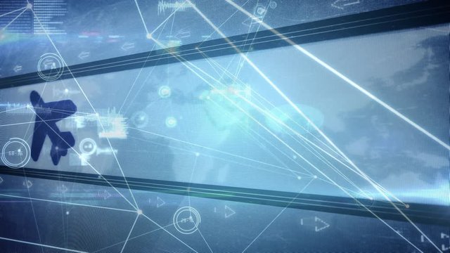 Animation of global network of connections with world map in background and icone like airplane and 