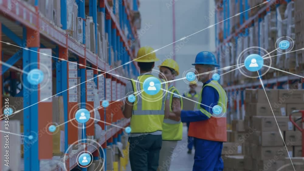 Aufkleber animation of network connections with people icons and workers in background