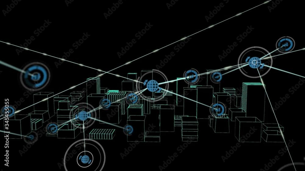 Poster animation of network connections with globe and statistics icons