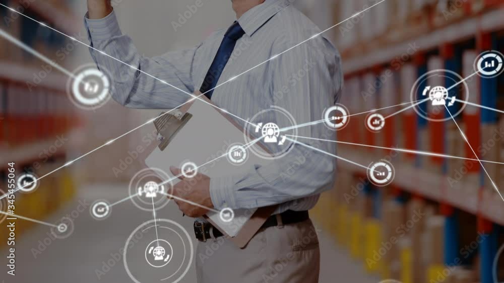 Poster animation of network connections with globe and statistics icons