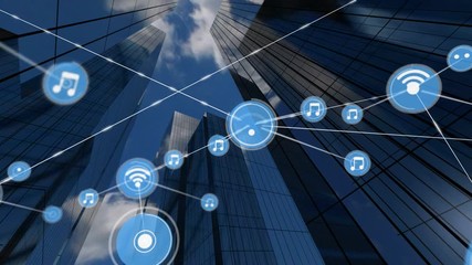 Animation of network connections with music and wifi reception icons - Powered by Adobe