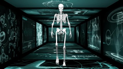 Animation of human skeleton walking hallway of scientist screen - Powered by Adobe