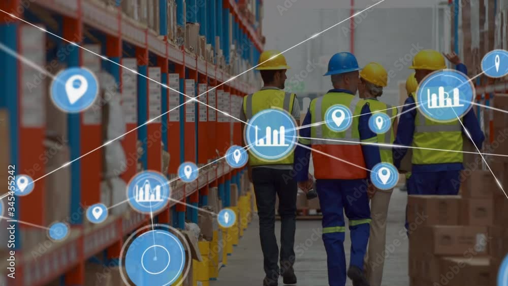Poster animation of network connections with location and statistics icons