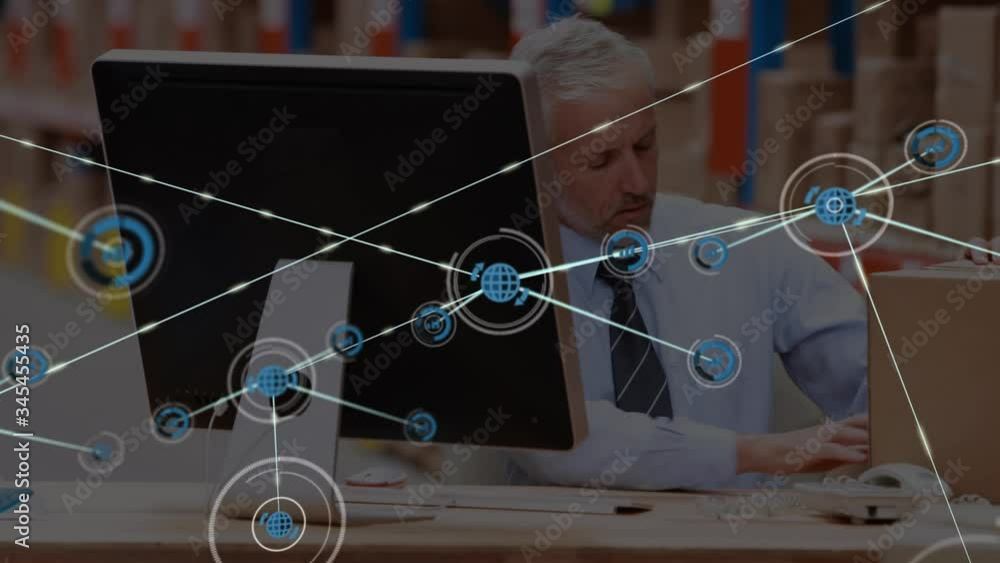 Poster animation of network connections with globe and statistics icons with a businessman in background