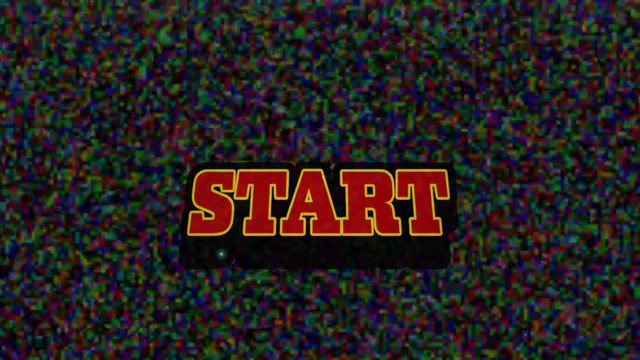 Animation of the word Start written in red letters over moving glitch stripes