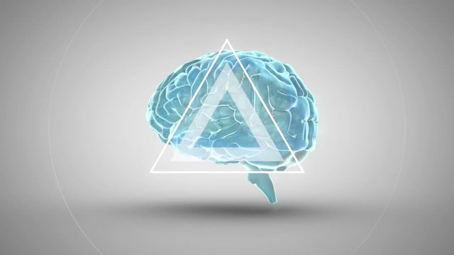 Animation of 3d glowing blue human brain rotating with multiple white triangles and circles pulsatin