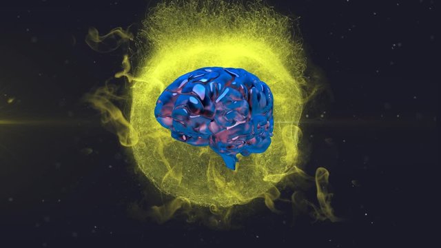 3D human brain rotating over glowing clouds of particles on background