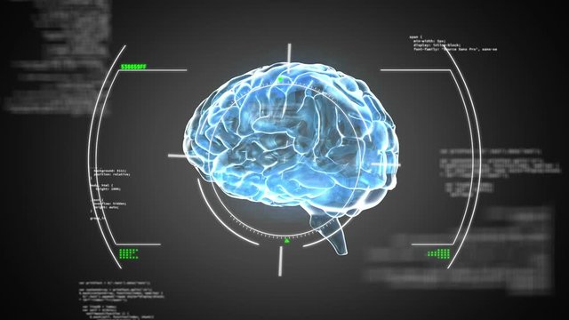 Animation of 3d glowing blue human brain rotating on black background