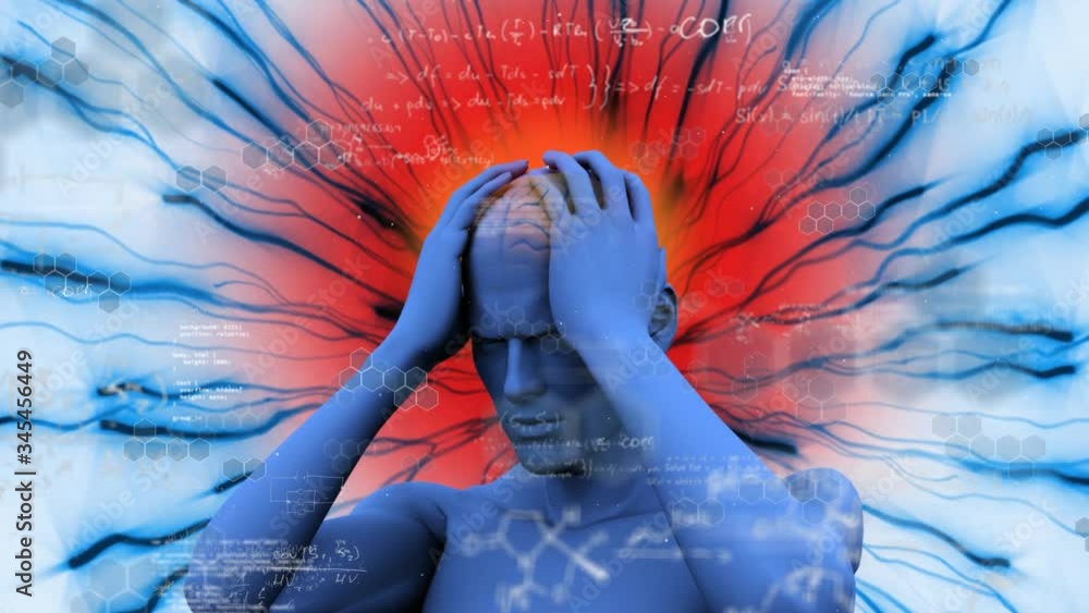 Poster digital human with glowing brain and red halo around with data processing