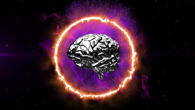 Animation of 3d metallic human brain rotating over glowing purple globe on black background