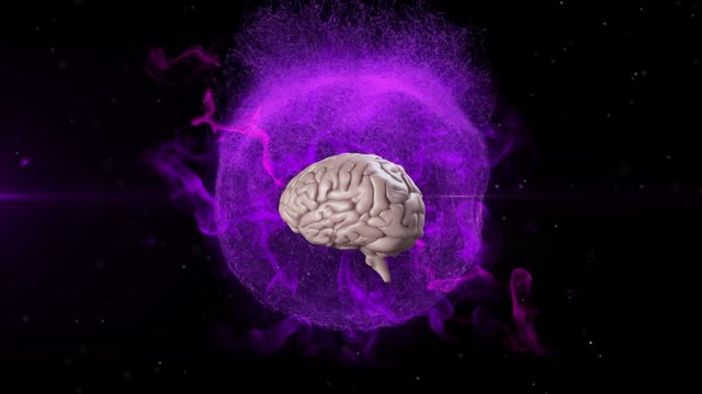 Animation of 3d metallic human brain rotating over glowing purple globe on black background