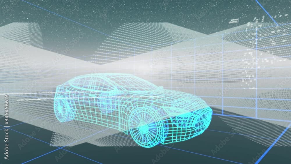 Poster 3d car technical drawing with data processing over grid in background