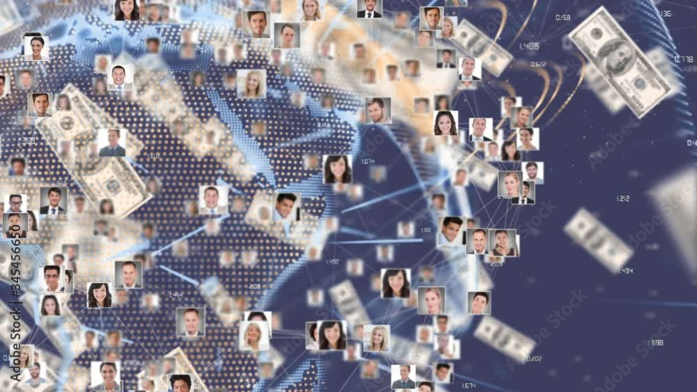 Poster animation of network of connections of multiple photos forming a globe