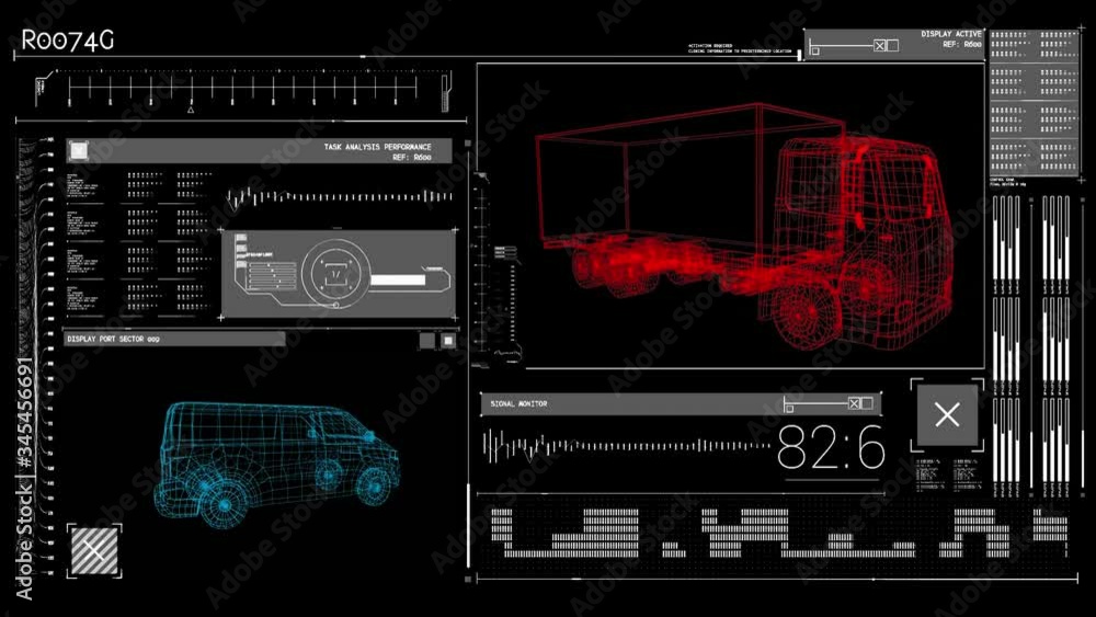 Poster animation of blue and red 3d models of cars with data processing