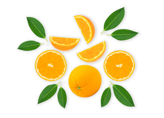 Flat lay, Top view fresh orange fruit sliced with green leaves isolated on white background with clipping path
