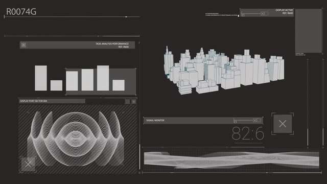 Animation of graphs and rotating 3D city on black screen 