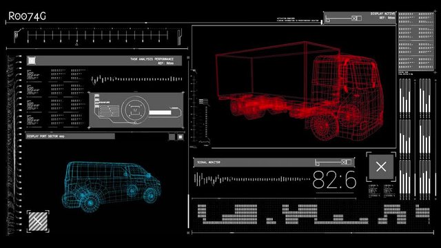 Animation of blue and red 3d models of cars with data processing 