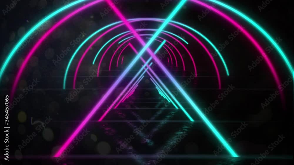 Poster animation of a tunnel of neon glowing geometric triangle and moving on black background