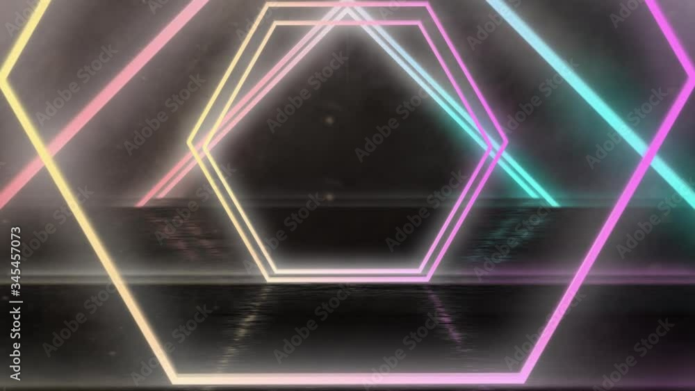Poster animation of tunnel of multi coloured bright hexagons moving on black background