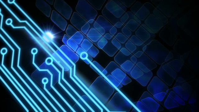 Animation of blue glowing squares moving with computer circuit board processing information