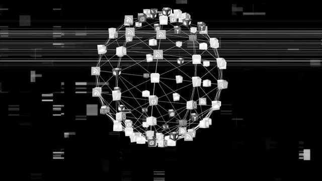 Animation of glitch globe of network of connections spinning on black background