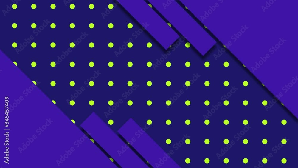 Poster animation of multiple diagonal purple stripes over rows of green dots in formation on purple backgro