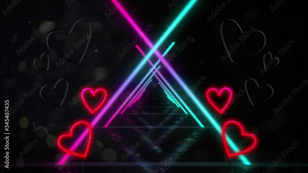 Aufkleber animation of a tunnel of neon glowing geometric triangle moving in seamless loop with red and pink