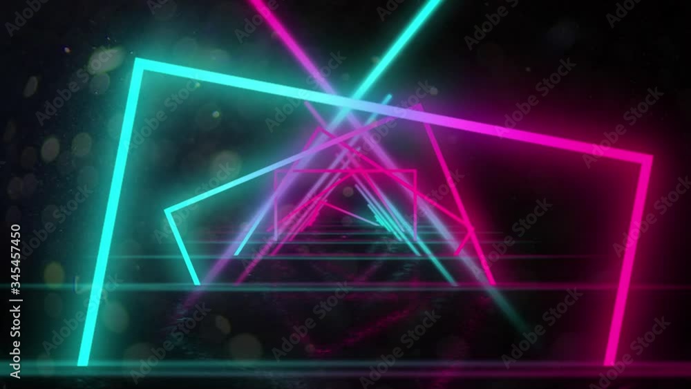 Aufkleber animation of tunnel of multi coloured glowing geometric outlines moving in on black background