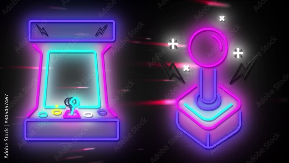 Poster animation of retro glowing neon video game console and video game joystick flickering over red light