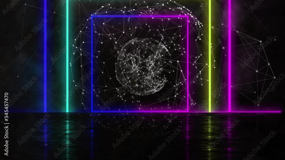 Aufkleber animation of spinning globe with neon glowing lines and square geometric moving on black background