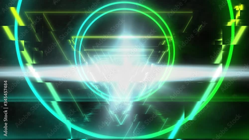 Poster animation of a tunnel of neon glowing bright geometric triangle and circle moving on black backgrou