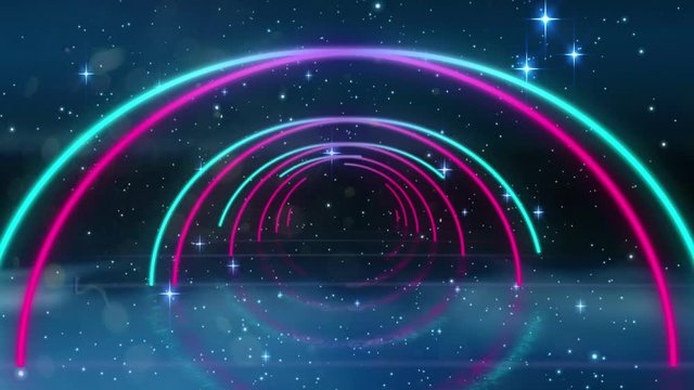 Animation Of Tunnel Of Multi Coloured Glowing Geometric Outlines With Night Sky And Glowing Stars In