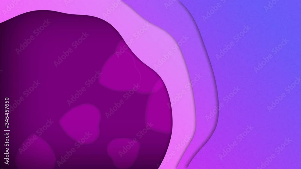Poster animation of flowing splashes of colour moving in waves with floating purple hearts on purple