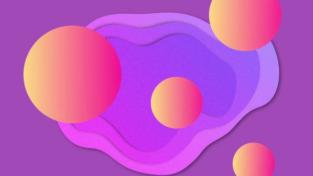 Animation of pink to orange gradient spheres and flowing splashes of colour moving on purple backgro