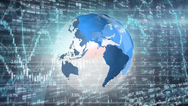 Animation of stock market display with numbers and graphs with spinning globe