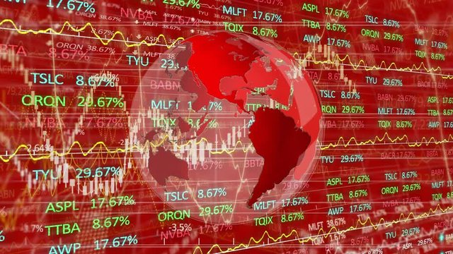 Animation of stock market display with numbers and graphs with spinning globe on red background