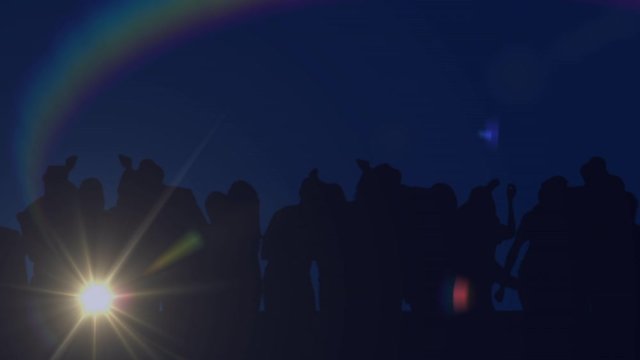 Animation of spotlight with rainbow halo moving around with silhouettes of crowd of people dancing 