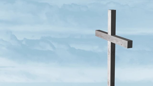 Animation of silhouette of wooden Christian cross over blue clouds moving in background