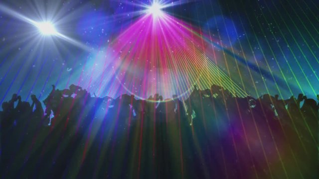 Animation of colourful spotlights moving around with black silhouettes of crowd of people dancing 