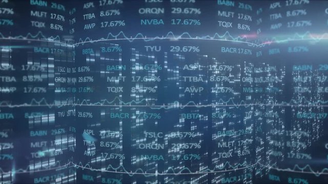 Animation of stock market display with stock market numbers and graphs