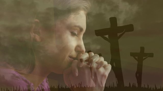 Animation of religious woman praying and meditating over silhouettes of three Christian crosses 
