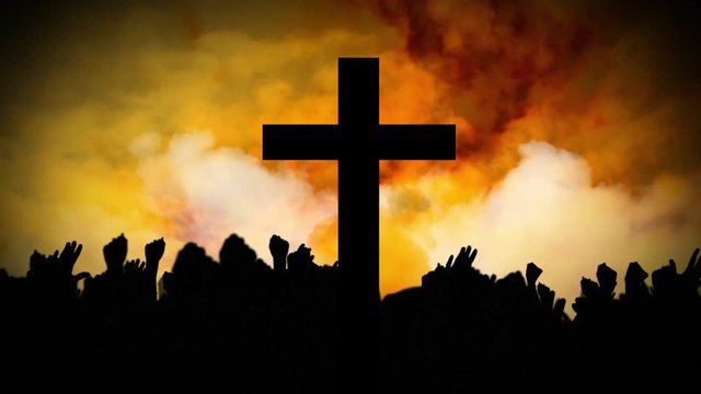 Animation of Christian cross over yellow clouds moving and silhouettes of people