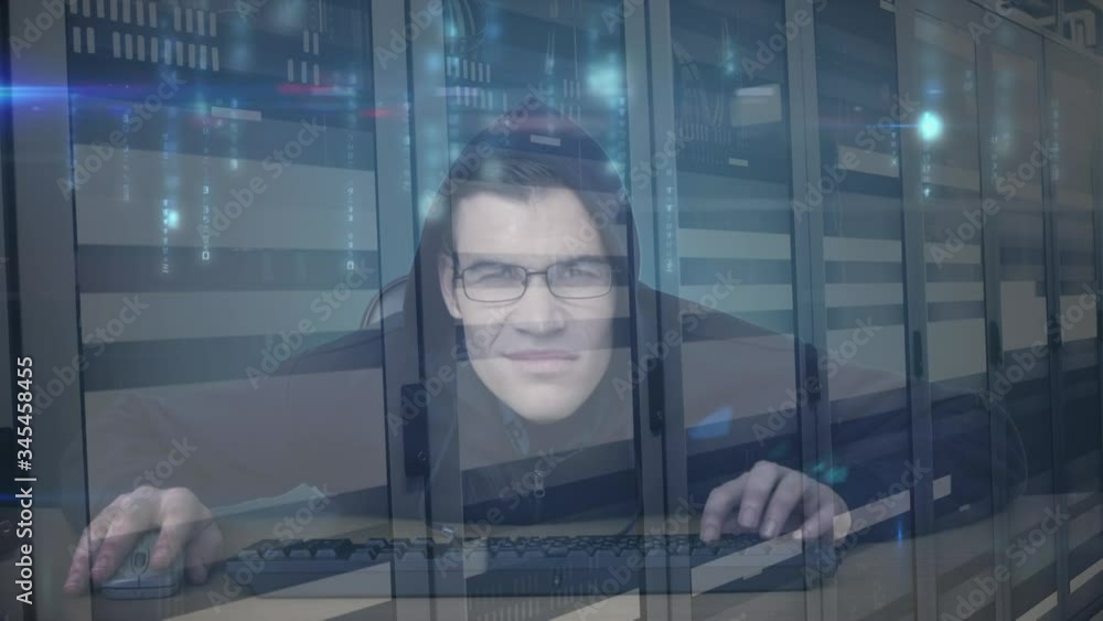 Poster animation of hooded man hacking computer