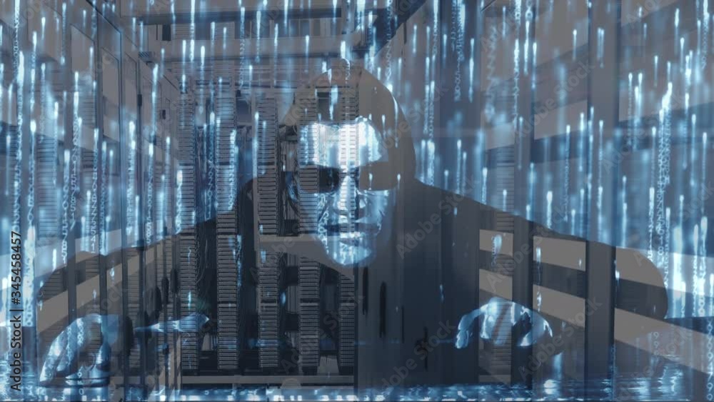 Poster animation of hooded man hacking a computer