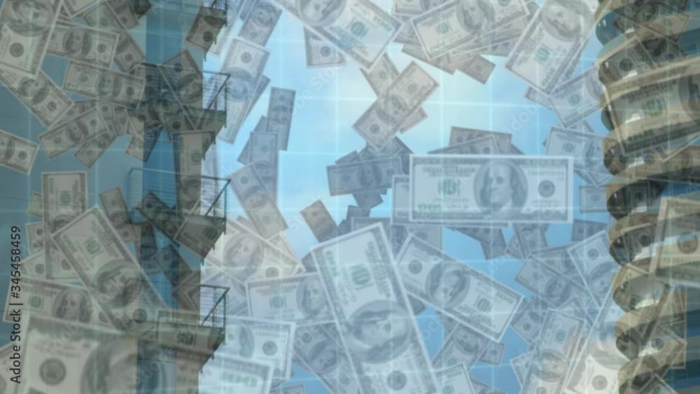 Poster animation of american dollar banknotes floating and data processing with modern building