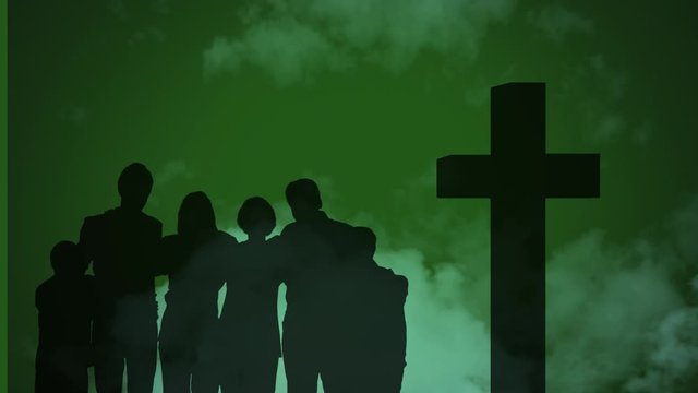 Animation of silhouettes of Christian cross and family on green backgroud