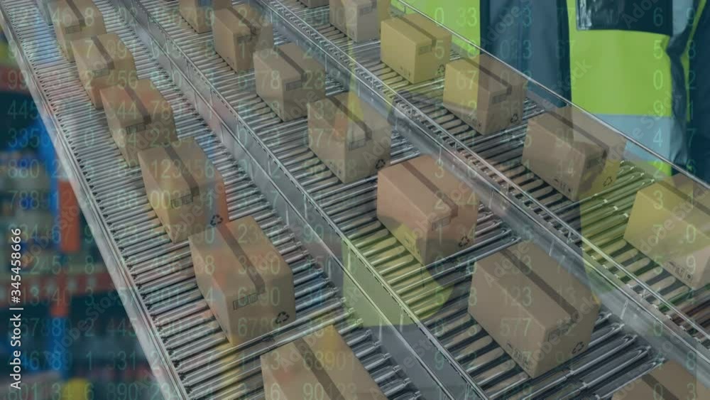 Poster animation of a warehouse worker standing with boxes lying on conveyor belts in the background
