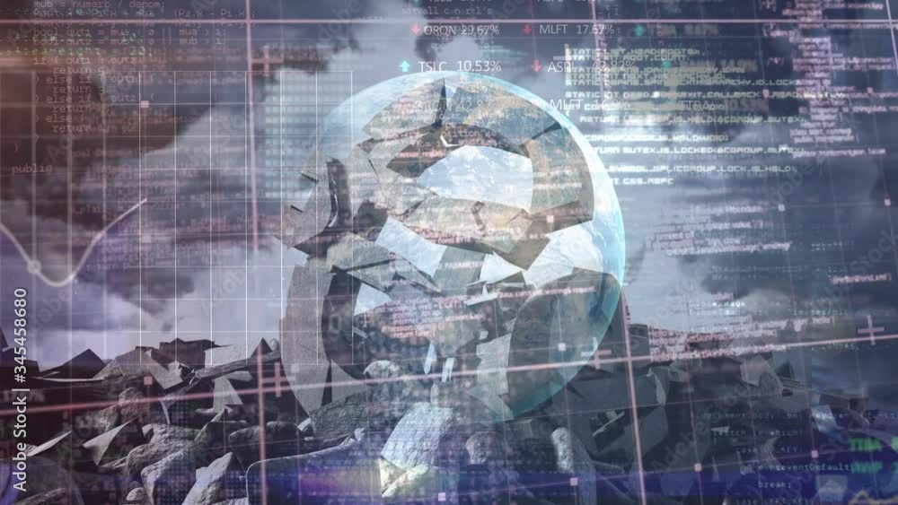Poster animation of data processing and statistics recording with crumbling euro currency symbol on backgro